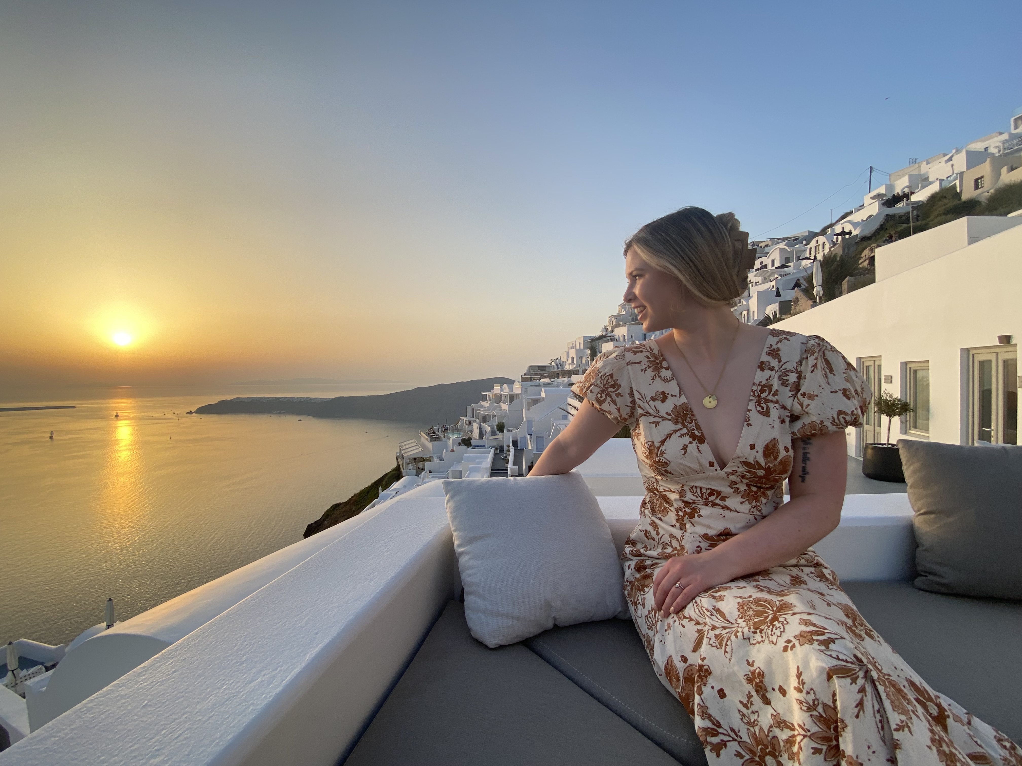 Kendall in Santorini at sunset
